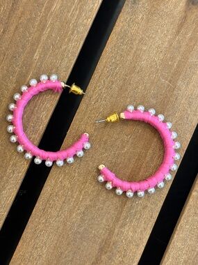 Hot Pink Raffia Earrings with Faux Pearls